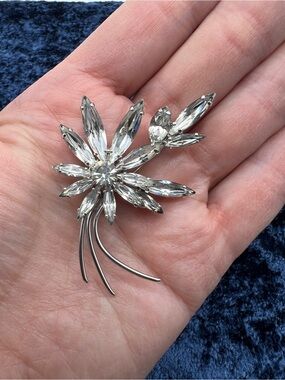 VINTAGE Sherman Brooch • Clear Crystals • Silver Tone Rhodium • Floral Spray